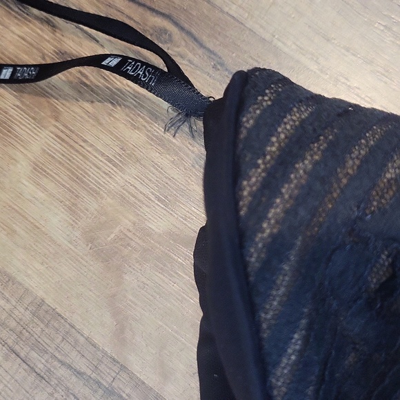 Vtg TADASHI Black Lace Mesh Over Nude Strapless Cocktail Midi Dress - Picture 7 of 14